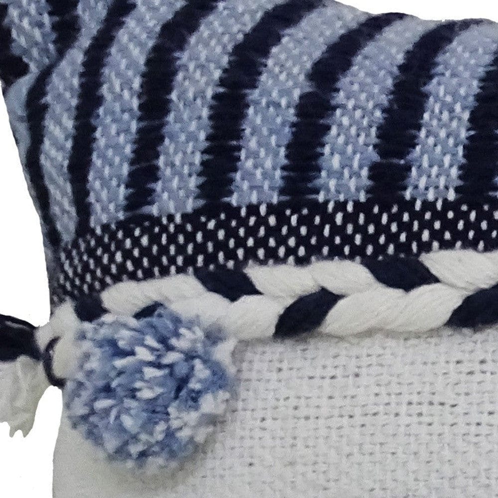 14" X 20" Navy Blue And White Ribbed Zippered Handmade Cotton Blend Throw Pillow With Tassels