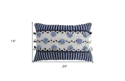 14" X 20" Navy Blue And White Ribbed Zippered Handmade Cotton Blend Throw Pillow With Tassels