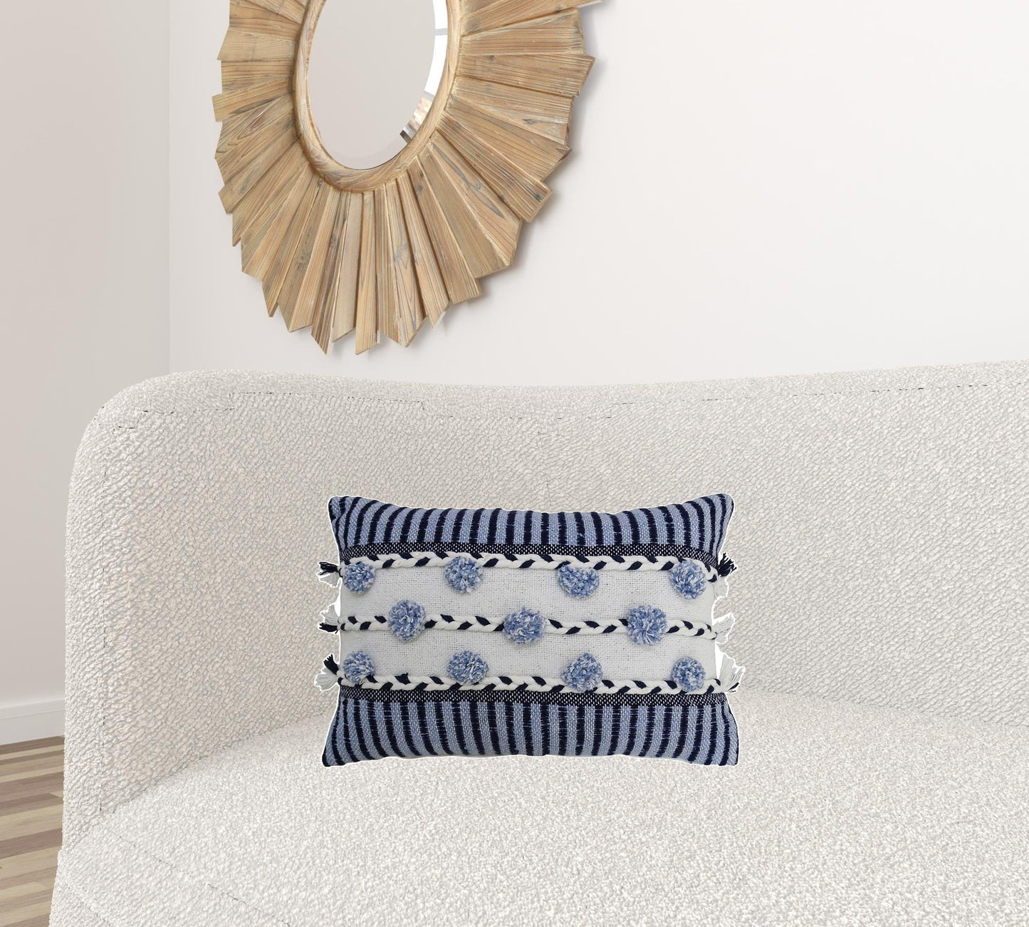 14" X 20" Navy Blue And White Ribbed Zippered Handmade Cotton Blend Throw Pillow With Tassels