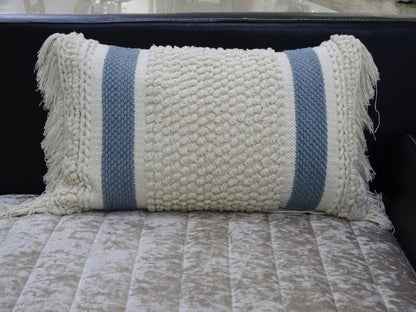 14" X 24" Cream And Light Blue Handmade Nubby Texture Throw Pillow With Fringe