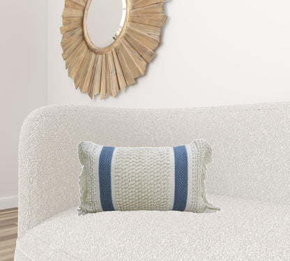 14" X 24" Cream And Light Blue Handmade Nubby Texture Throw Pillow With Fringe
