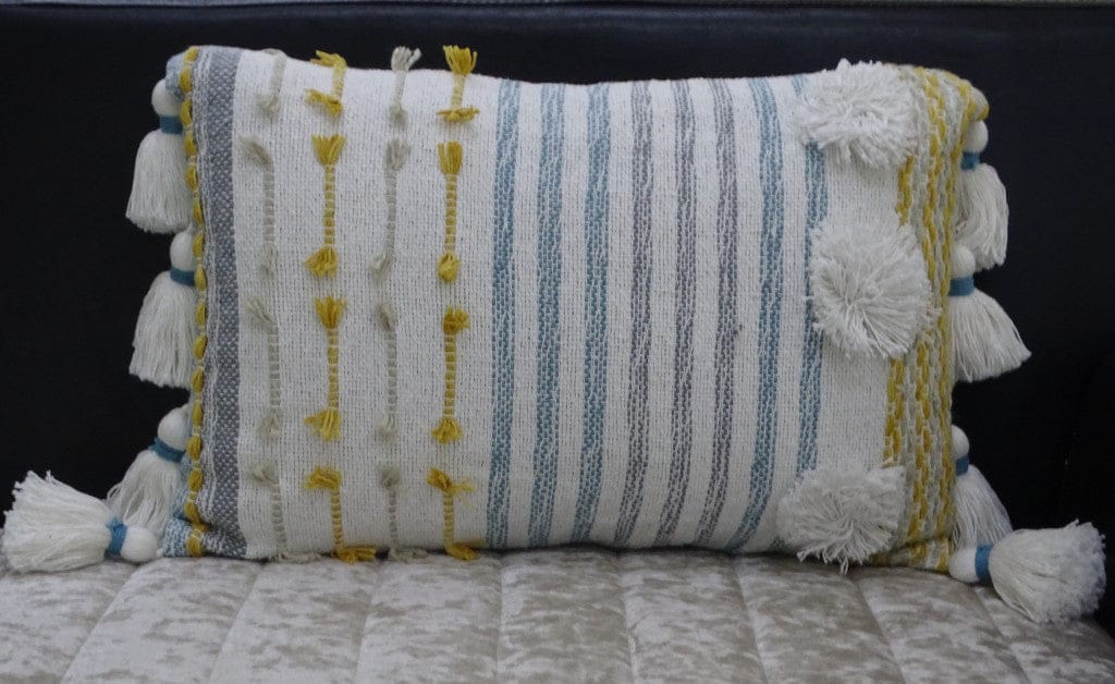 14" X 20" Blue And Yellow Striped Zippered Handmade Cotton Blend Throw Pillow With Tassels