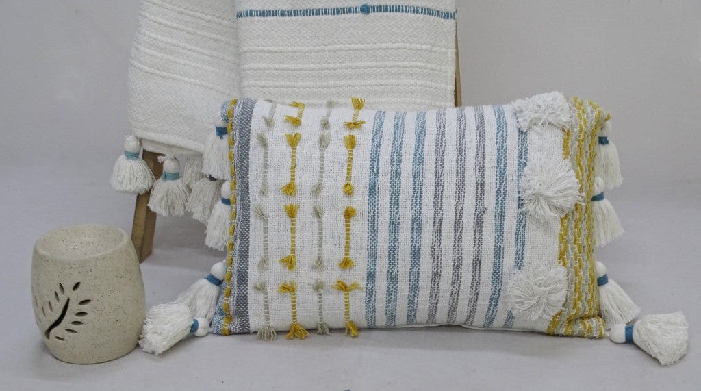 14" X 20" Blue And Yellow Striped Zippered Handmade Cotton Blend Throw Pillow With Tassels