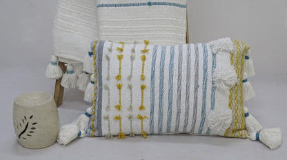 14" X 20" Blue And Yellow Striped Zippered Handmade Cotton Blend Throw Pillow With Tassels