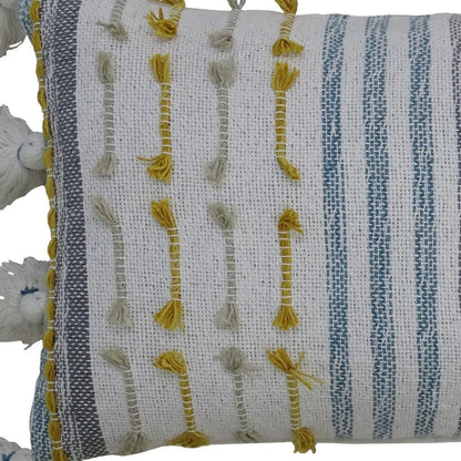 14" X 20" Blue And Yellow Striped Zippered Handmade Cotton Blend Throw Pillow With Tassels