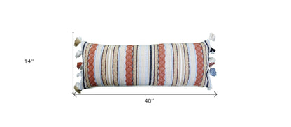 14" X 40" Tan And Beige Trellis Zippered Handmade Cotton Blend Throw Pillow With Tassels