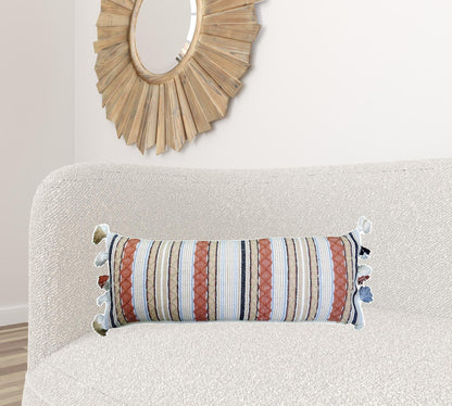 14" X 40" Tan And Beige Trellis Zippered Handmade Cotton Blend Throw Pillow With Tassels