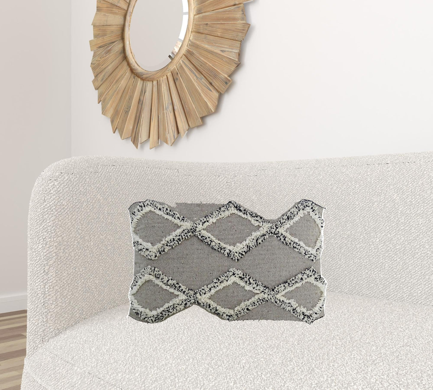 16" X 22" Black And Gray Diamond Handmade Cotton Blend Throw Pillow With Fringe