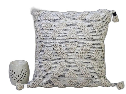 22" X 22" Off White Geometric Zippered Handmade Cotton Blend Throw Pillow With Tassels