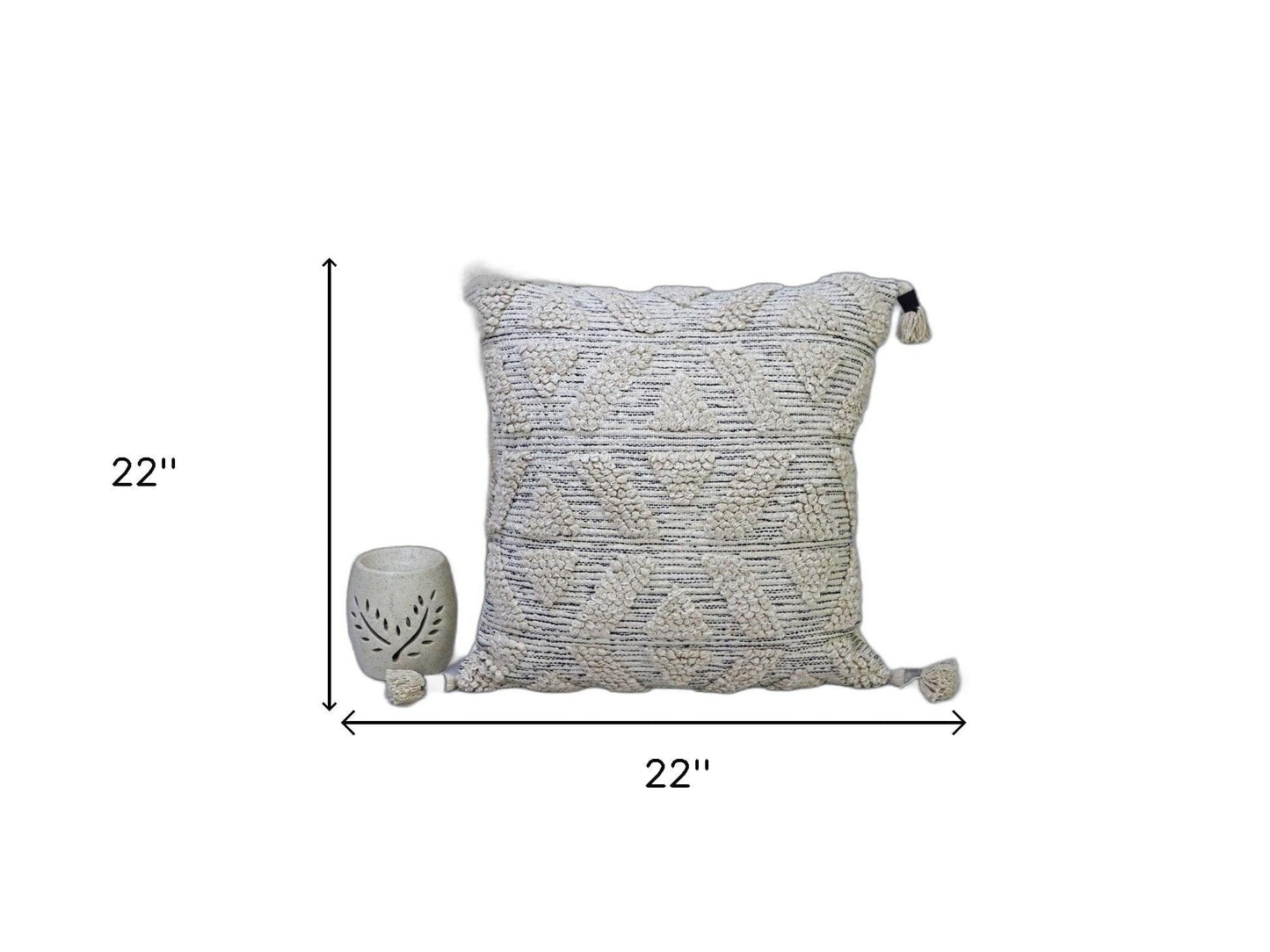 22" X 22" Off White Geometric Zippered Handmade Cotton Blend Throw Pillow With Tassels