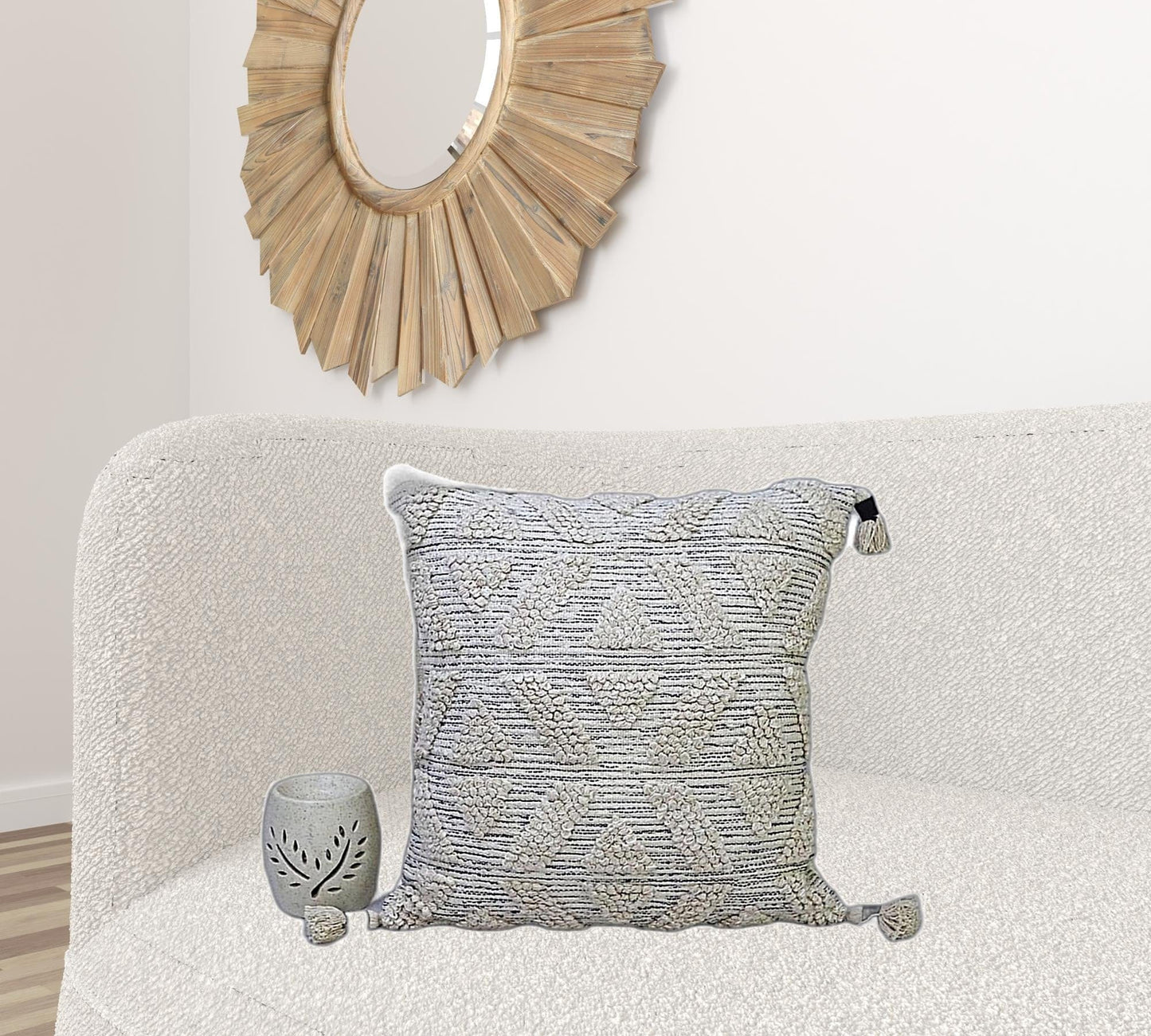 22" X 22" Off White Geometric Zippered Handmade Cotton Blend Throw Pillow With Tassels