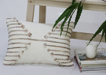 14" X 20" Tan And White Zippered Cotton Blend Geometric Throw Pillow With Pom-poms