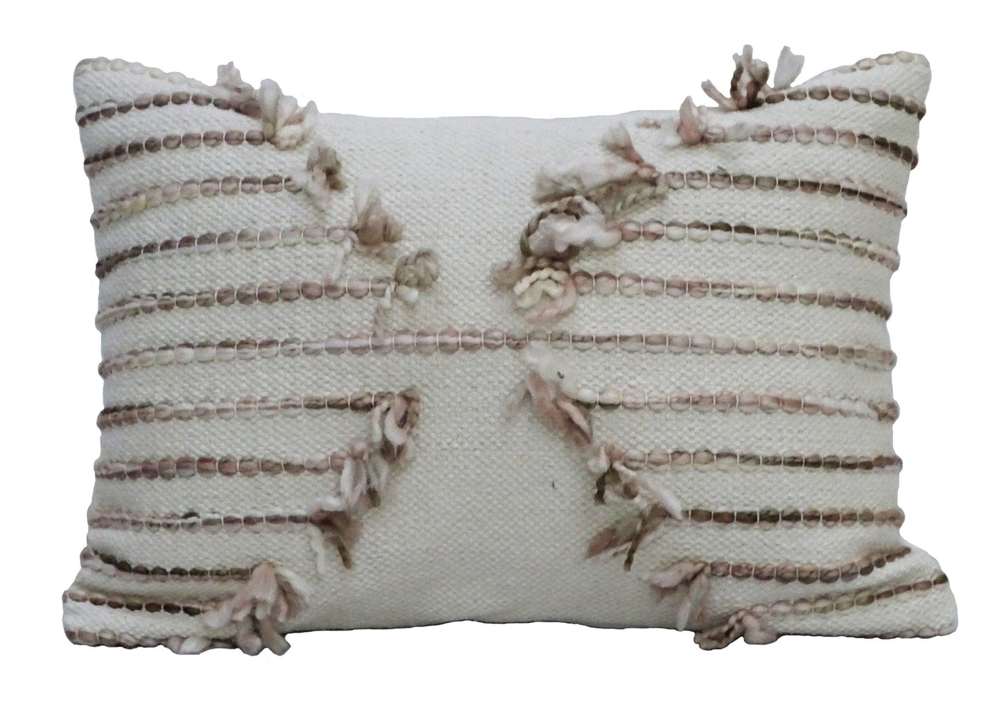 14" X 20" Tan And White Zippered Cotton Blend Geometric Throw Pillow With Pom-poms