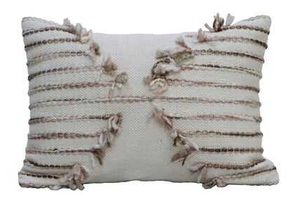 14" X 20" Tan And White Zippered Cotton Blend Geometric Throw Pillow With Pom-poms