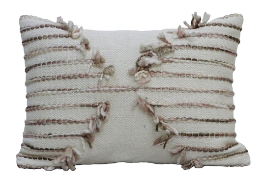 14" X 20" Tan And White Zippered Cotton Blend Geometric Throw Pillow With Pom-poms