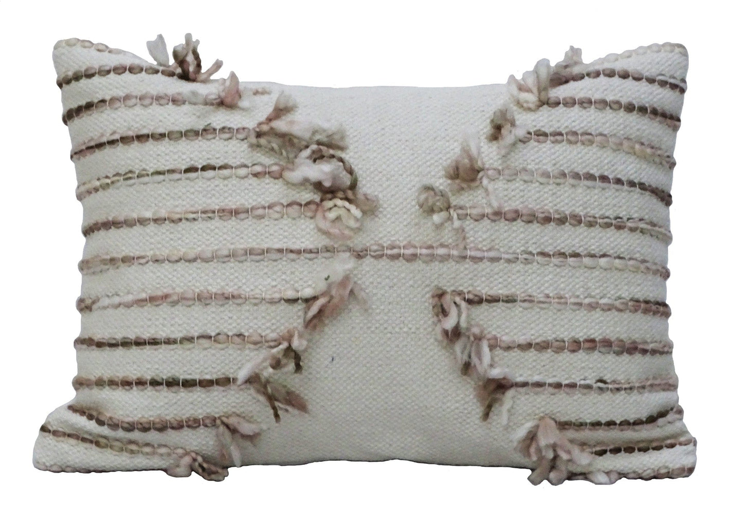 14" X 20" Tan And White Zippered Cotton Blend Geometric Throw Pillow With Pom-poms
