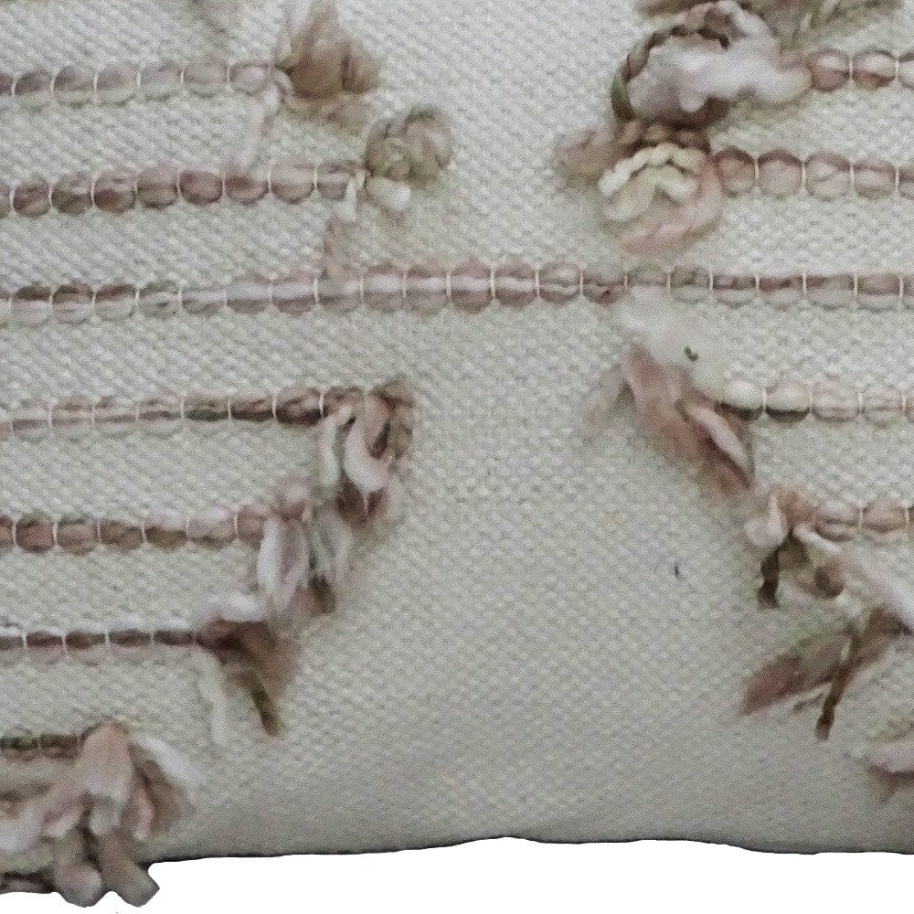 14" X 20" Tan And White Zippered Cotton Blend Geometric Throw Pillow With Pom-poms