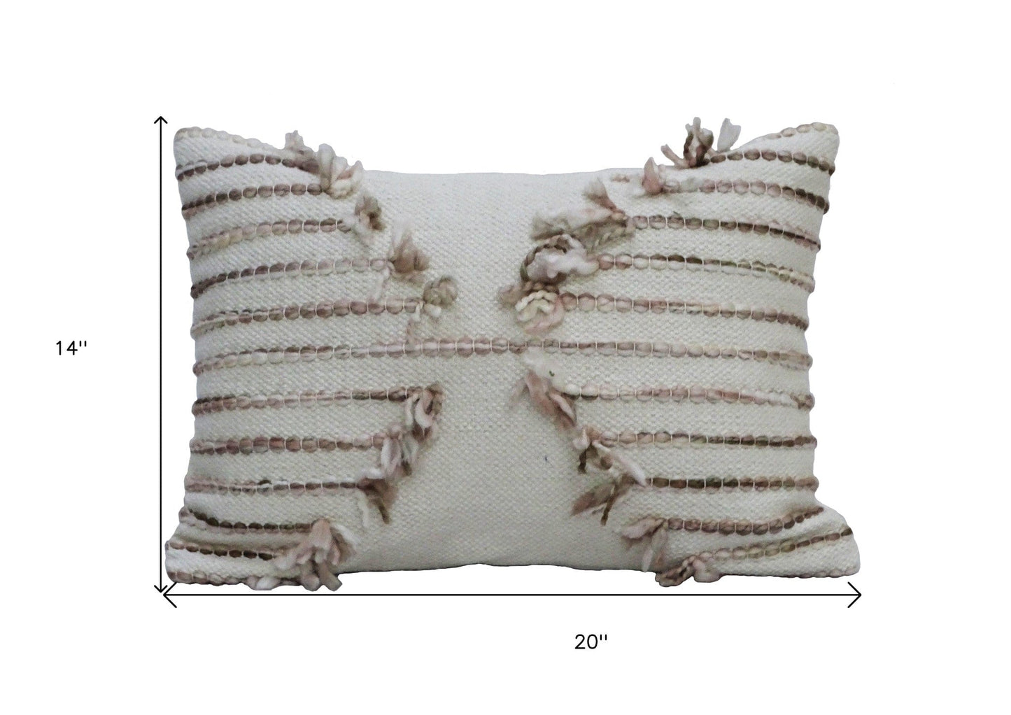 14" X 20" Tan And White Zippered Cotton Blend Geometric Throw Pillow With Pom-poms