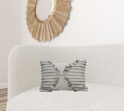 14" X 20" Tan And White Zippered Cotton Blend Geometric Throw Pillow With Pom-poms