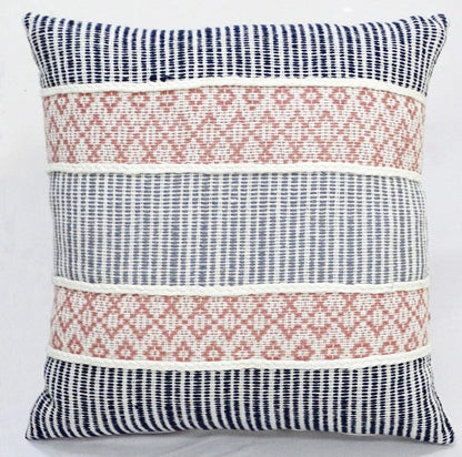 22" X 22" Blue And Peach Trellis Zippered Cotton Blend Throw Pillow With Embroidery