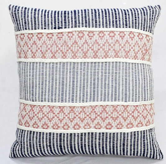 22" X 22" Blue And Peach Trellis Zippered Cotton Blend Throw Pillow With Embroidery