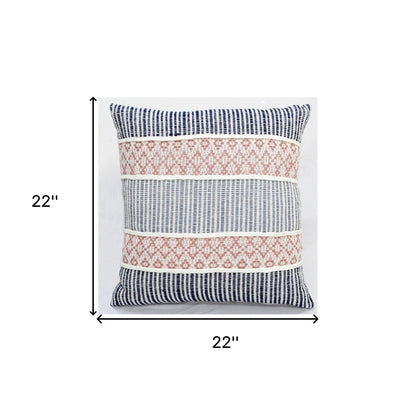 22" X 22" Blue And Peach Trellis Zippered Cotton Blend Throw Pillow With Embroidery
