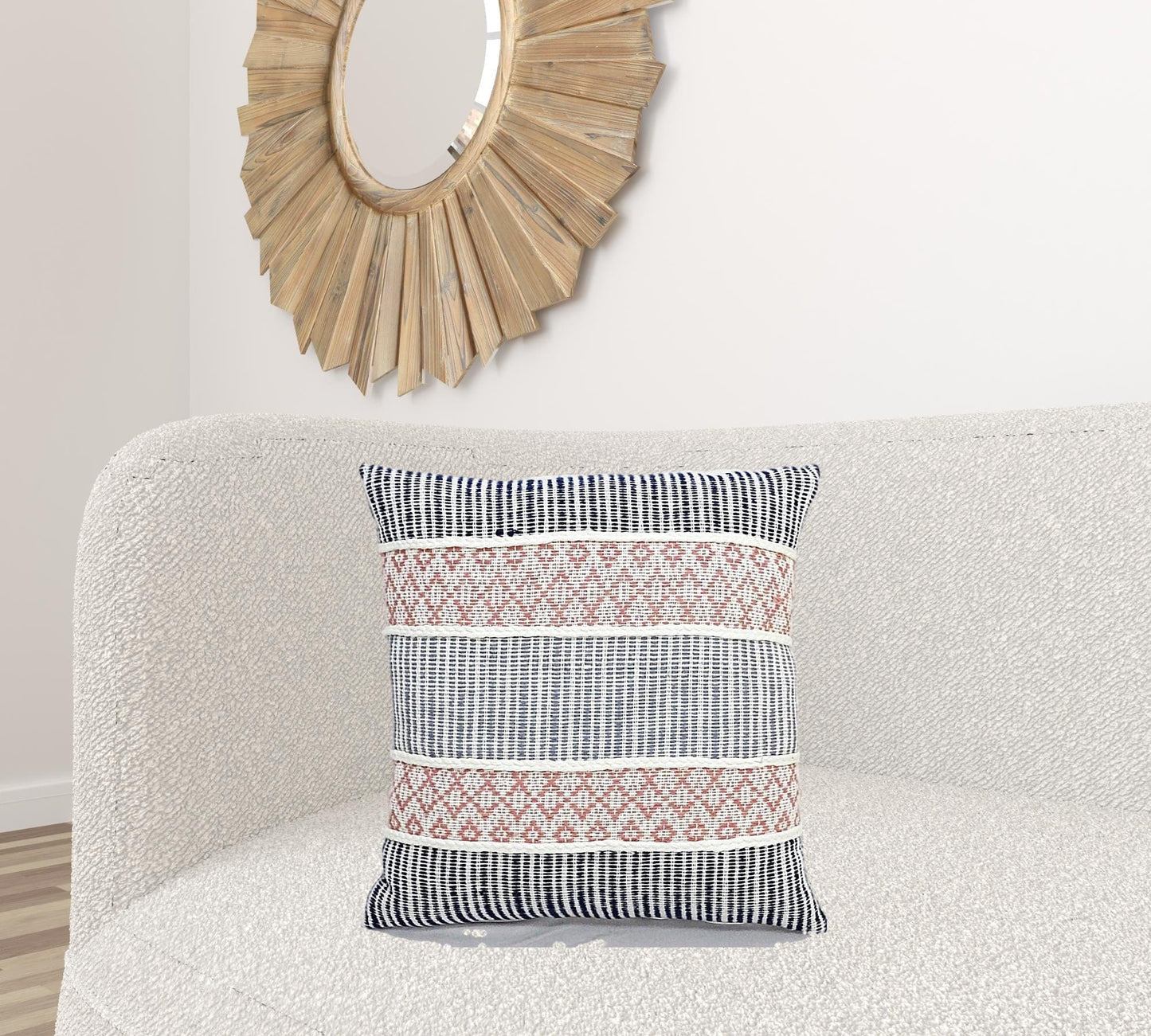 22" X 22" Blue And Peach Trellis Zippered Cotton Blend Throw Pillow With Embroidery