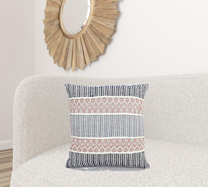 22" X 22" Blue And Peach Trellis Zippered Cotton Blend Throw Pillow With Embroidery