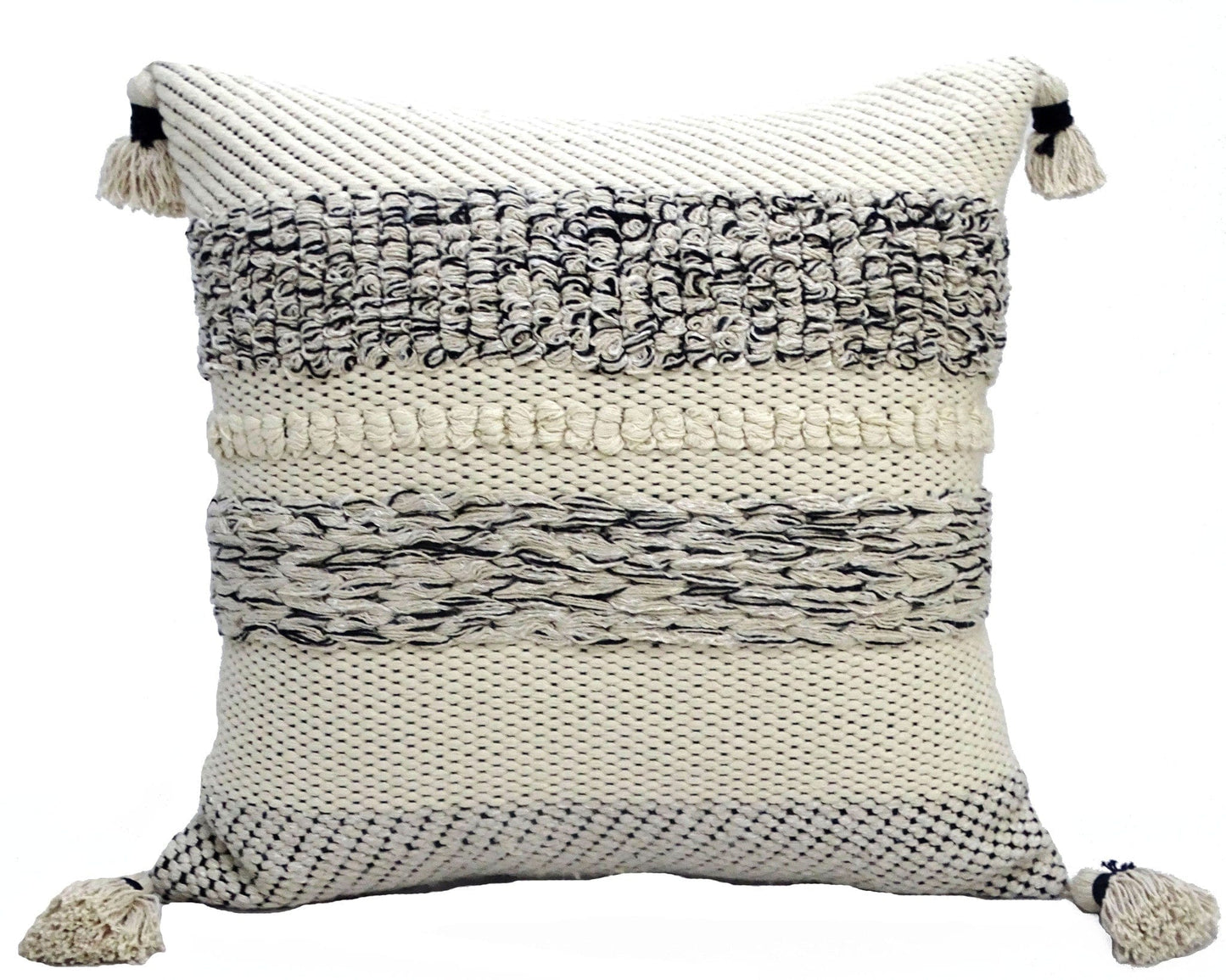 22" X 22" White And Black Zippered Cotton Blend Ribbed Throw Pillow With Tassels
