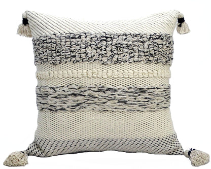 22" X 22" White And Black Zippered Cotton Blend Ribbed Throw Pillow With Tassels