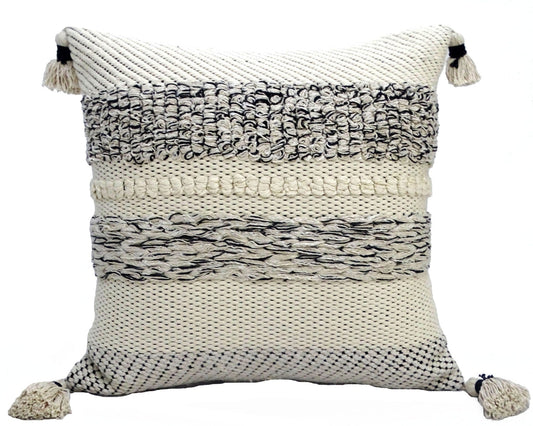 22" X 22" White And Black Zippered Cotton Blend Ribbed Throw Pillow With Tassels