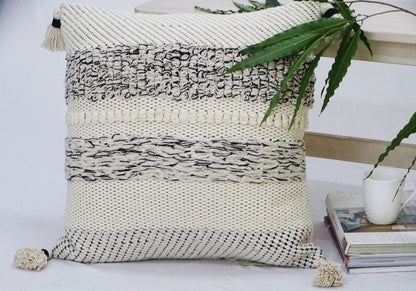 22" X 22" White And Black Zippered Cotton Blend Ribbed Throw Pillow With Tassels