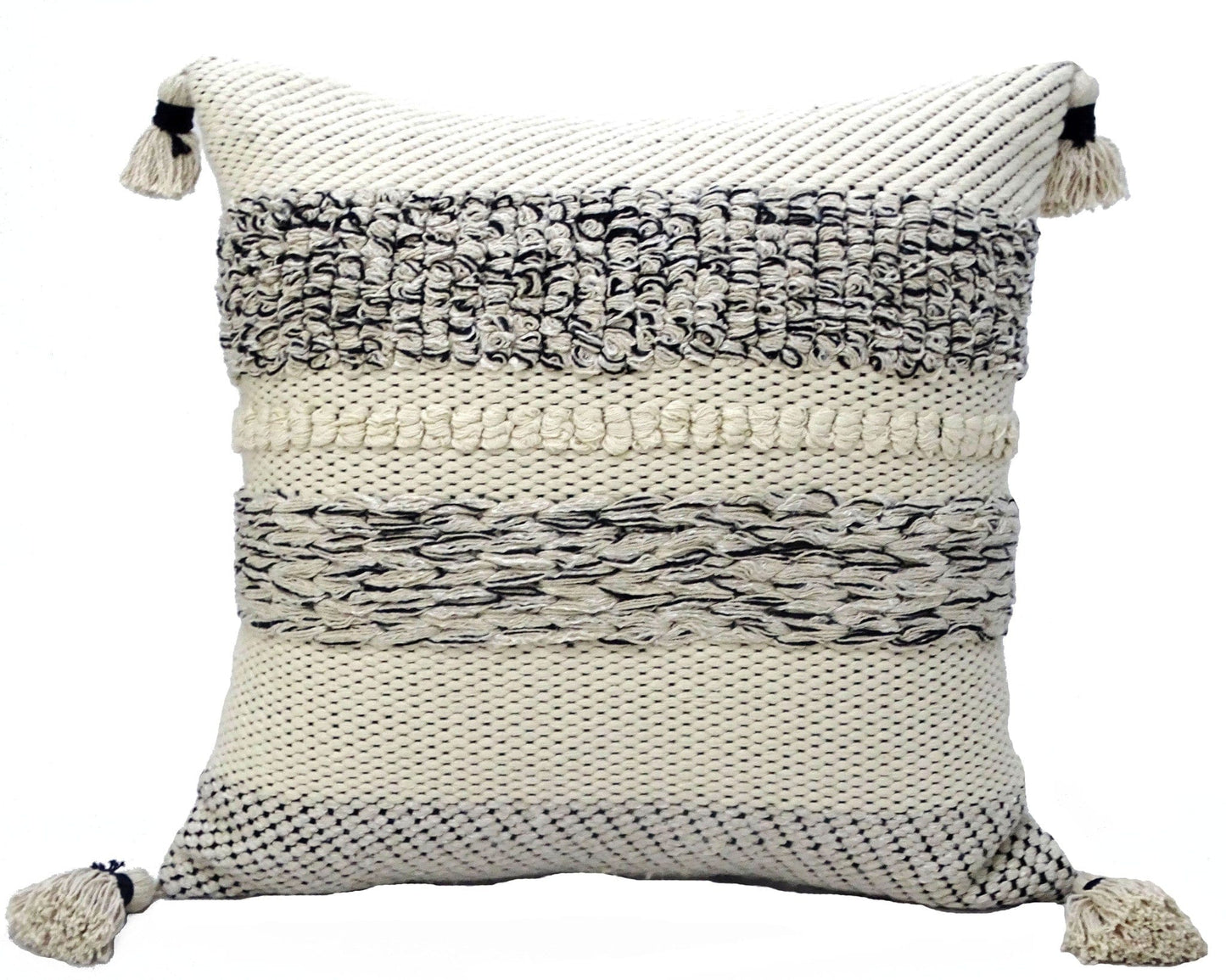 22" X 22" White And Black Zippered Cotton Blend Ribbed Throw Pillow With Tassels