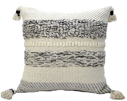 22" X 22" White And Black Zippered Cotton Blend Ribbed Throw Pillow With Tassels