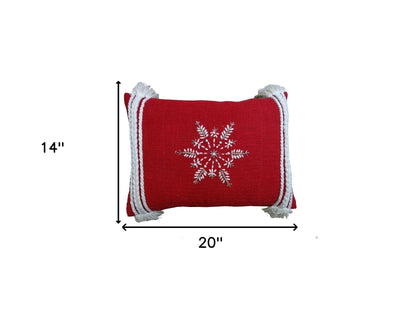 14" X 20" Red Zippered Cotton Blend Christmas Snowflakes Throw Pillow With Embroidery