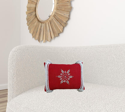 14" X 20" Red Zippered Cotton Blend Christmas Snowflakes Throw Pillow With Embroidery