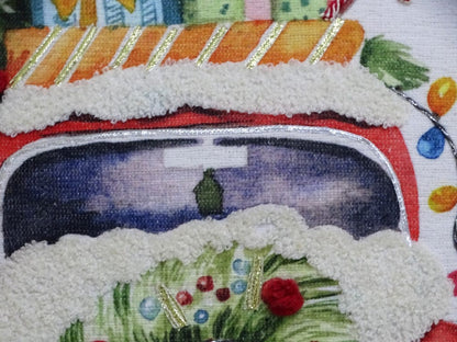 20" X 20" Green And Red Zippered Handmade Cotton Blend Christmas Holiday Van Throw Pillow With Pom Poms