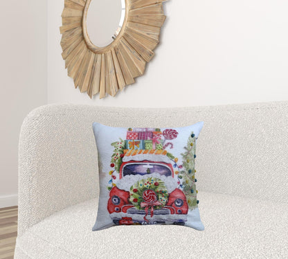 20" X 20" Green And Red Zippered Handmade Cotton Blend Christmas Holiday Van Throw Pillow With Pom Poms