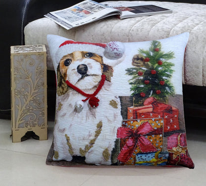20" X 20" Red And White Dog Zippered Handmade Cotton Blend Christmas Throw Pillow With Pom Poms
