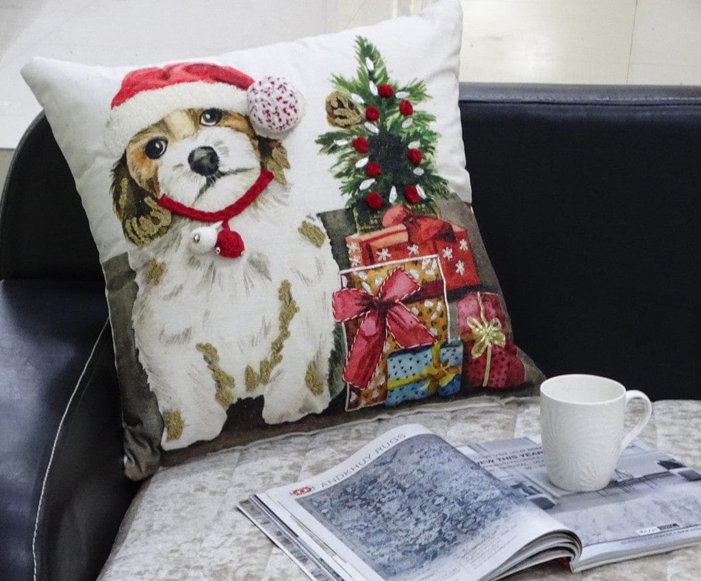20" X 20" Red And White Dog Zippered Handmade Cotton Blend Christmas Throw Pillow With Pom Poms