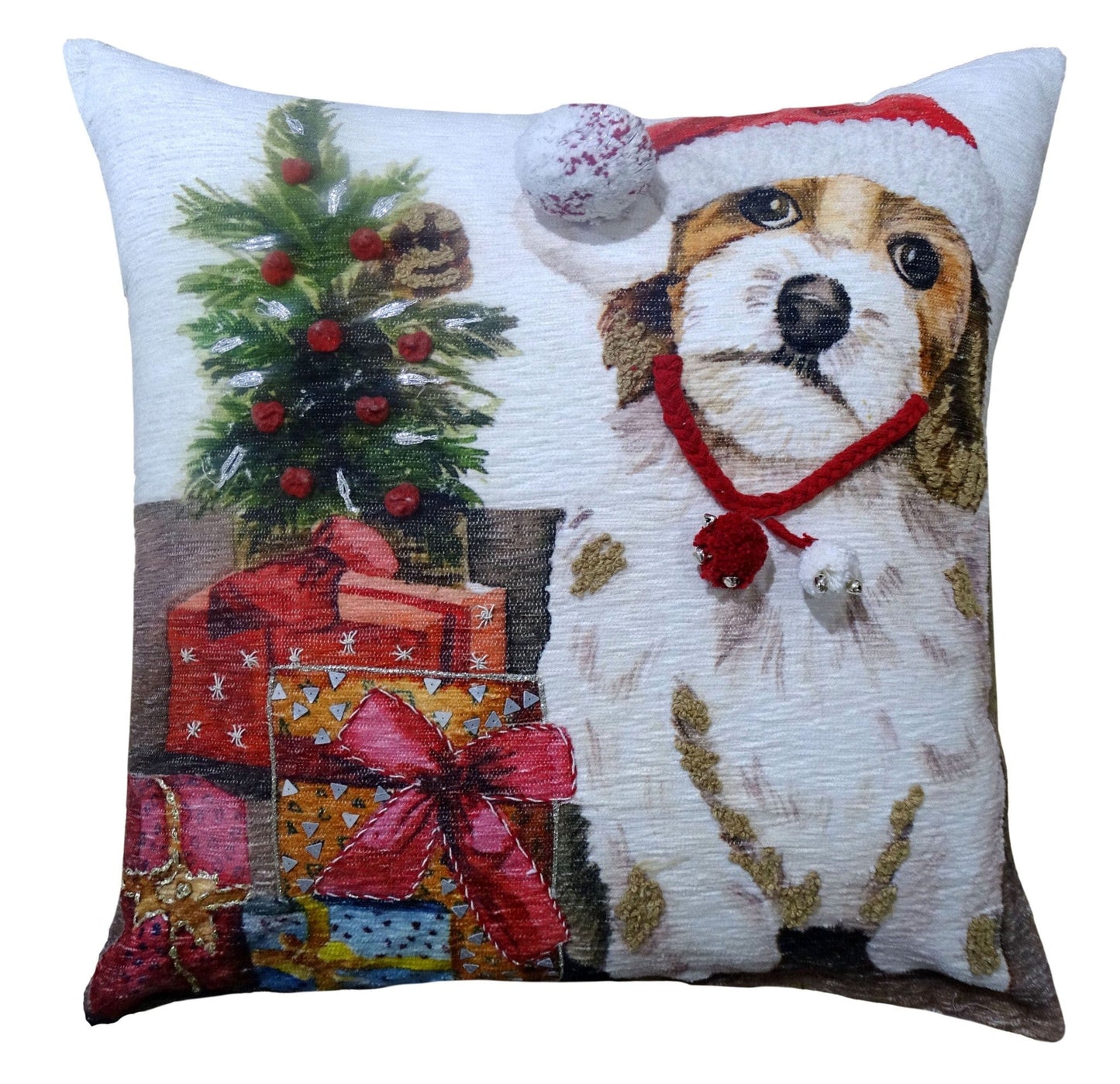 20" X 20" Red And White Dog Zippered Handmade Cotton Blend Christmas Throw Pillow With Pom Poms