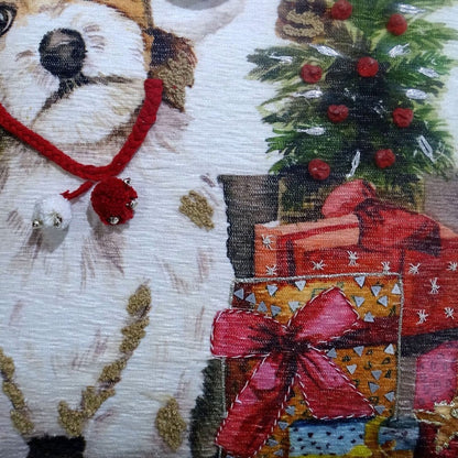 20" X 20" Red And White Dog Zippered Handmade Cotton Blend Christmas Throw Pillow With Pom Poms