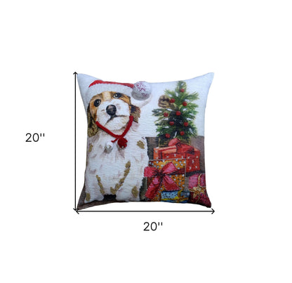 20" X 20" Red And White Dog Zippered Handmade Cotton Blend Christmas Throw Pillow With Pom Poms