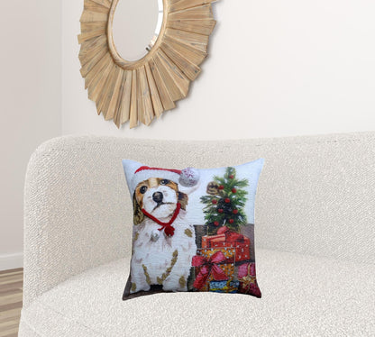 20" X 20" Red And White Dog Zippered Handmade Cotton Blend Christmas Throw Pillow With Pom Poms