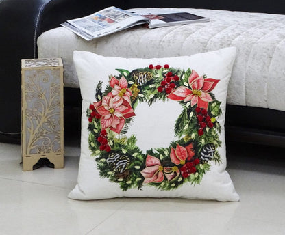 20" X 20" Red And Green Text Zippered Cotton Blend Christmas Wreath Throw Pillow