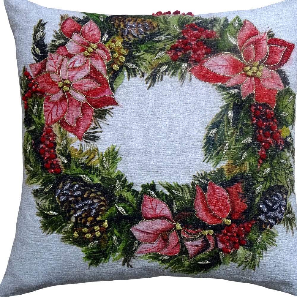 20" X 20" Red And Green Text Zippered Cotton Blend Christmas Wreath Throw Pillow