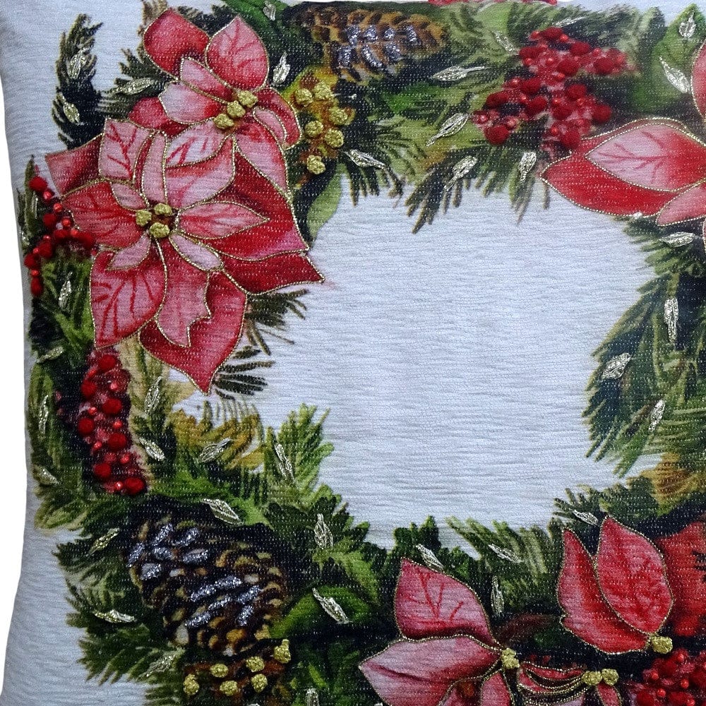 20" X 20" Red And Green Text Zippered Cotton Blend Christmas Wreath Throw Pillow