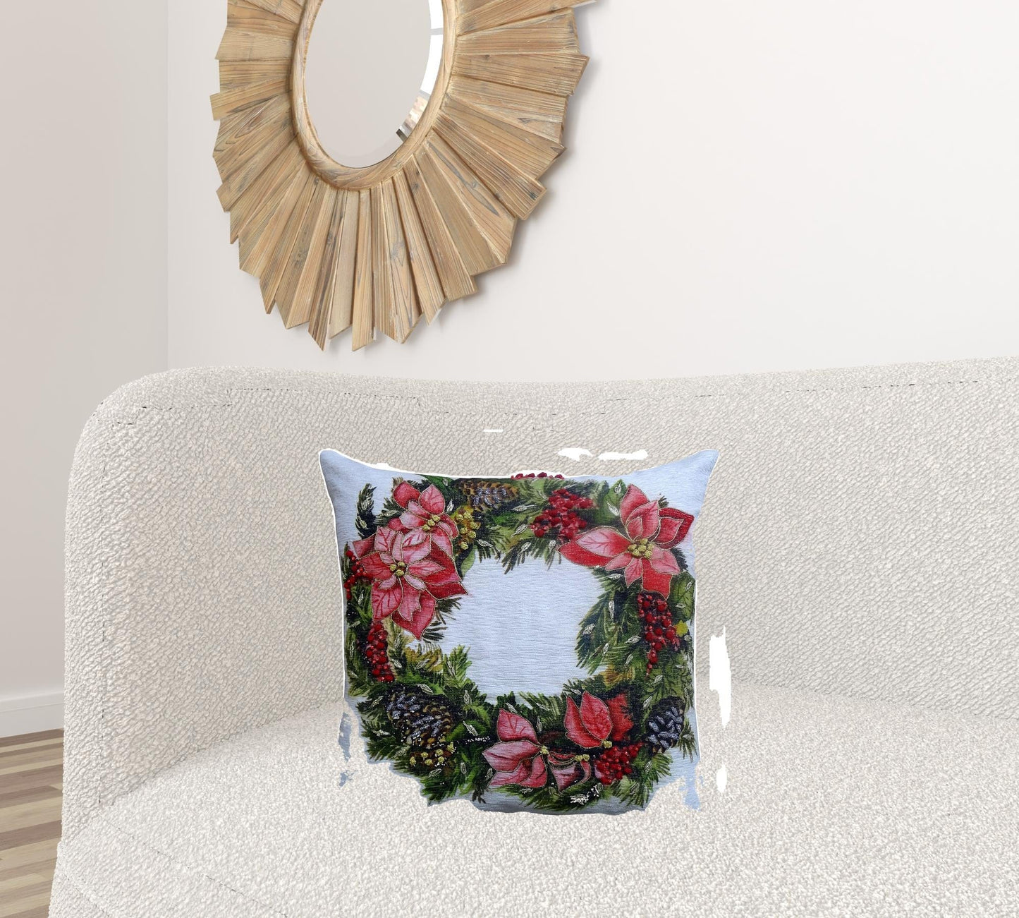 20" X 20" Red And Green Text Zippered Cotton Blend Christmas Wreath Throw Pillow