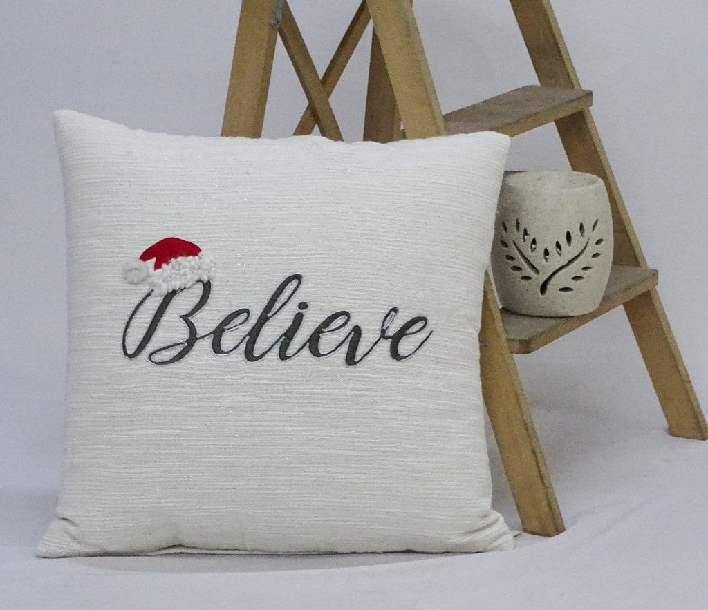 20" X 20" White Cotton Blend Believe Christmas Throw Pillow