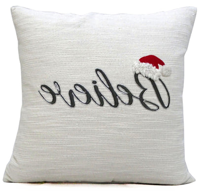 20" X 20" White Cotton Blend Believe Christmas Throw Pillow